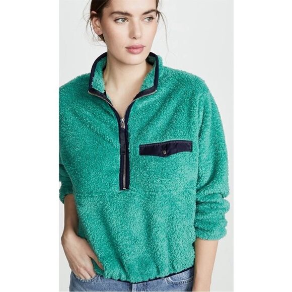 ANINE BING ❥ Sierra Green Sherpa Teddy Pullover half zip Sweatshirt M - Picture 7 of 10